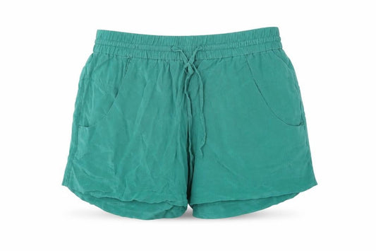 Front view of French Connection women’s green hot pants shorts, size UK 6