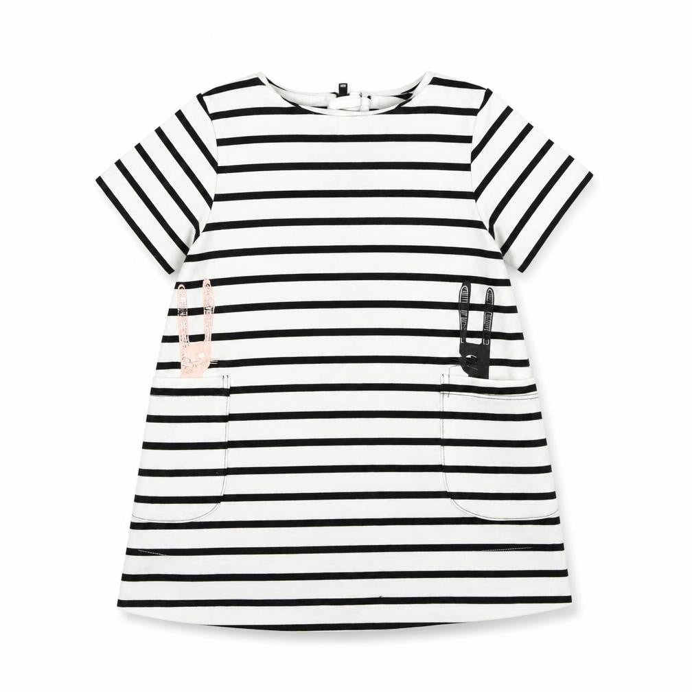 Front view of MYK girls’ white striped t-shirt dress, size 9-12, months
