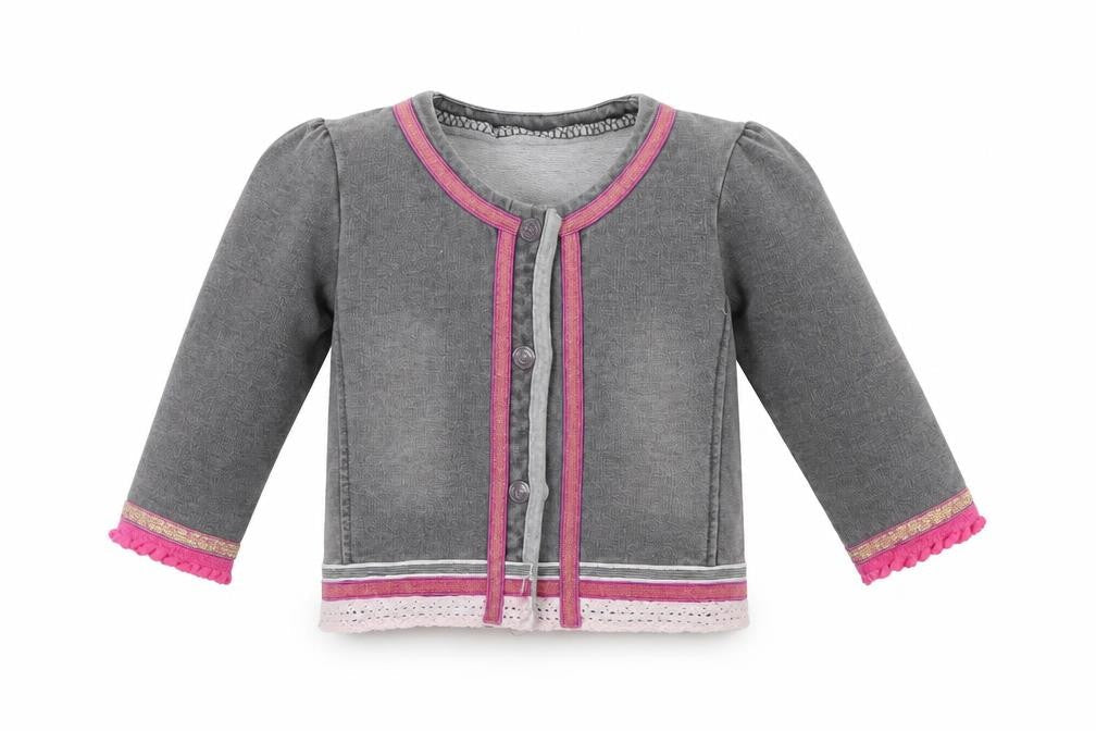 Front view of BeeBieLove girls’ grey cardigan jumper, size 6-9, months