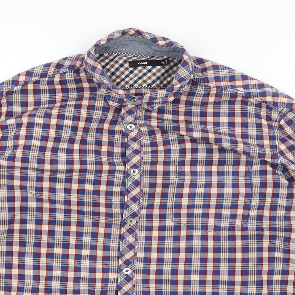 Celio Mens Blue Plaid   Button-Up Size XL