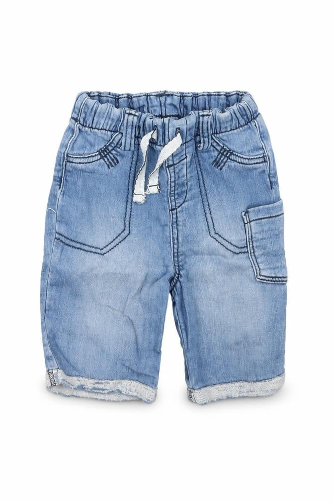 Front view of Nutmeg boys’ blue cargo jeans, size 9-12, months