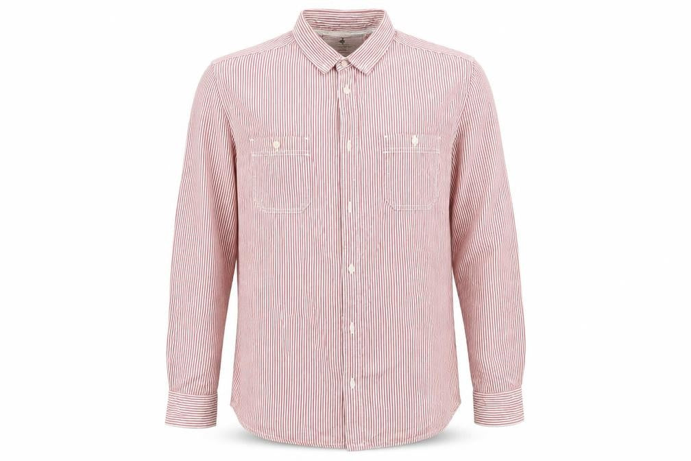 Front view of Easy men’s white striped button-up, size XL