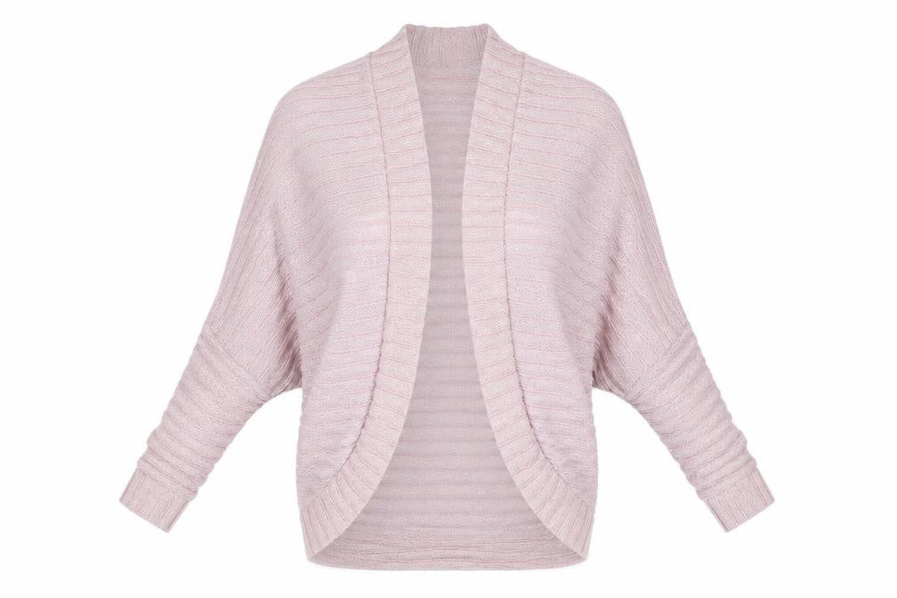 Front view of Atmosphere women’s grey striped cardigan jumper, size UK 6