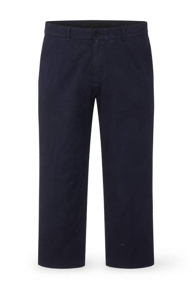 Front view of Taylor & Wright men’s blue trousers, size 36, in, 31-inch leg