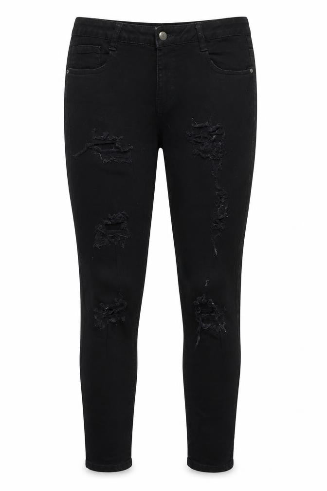 Front view of Denim & Co. women’s black denim skinny jeans, size UK 12, 28-inch leg
