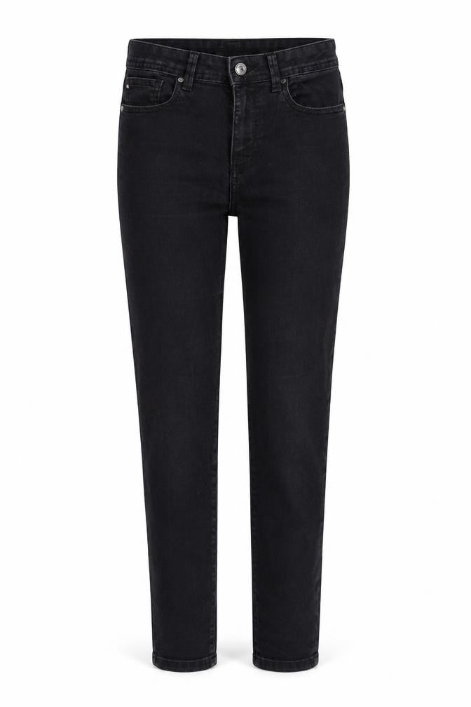 Front view of Denim & Co. women’s black denim skinny jeans, size UK 10, 24-inch leg