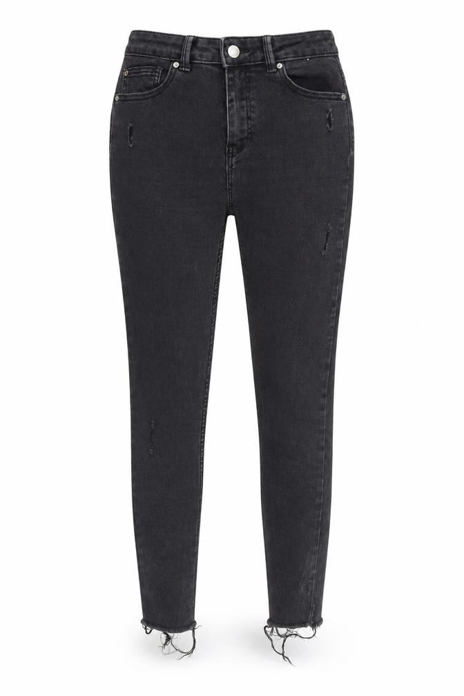 Front view of Denim & Co. women’s black denim skinny jeans, size UK 8, 27-inch leg