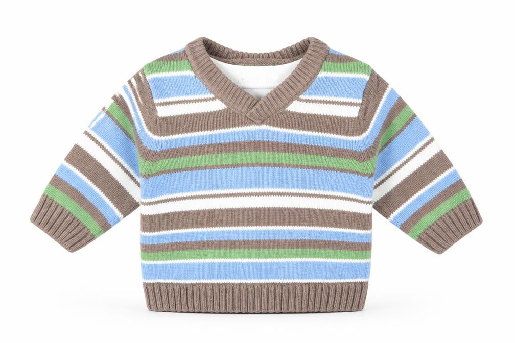 Front view of Cherokee boys’ multicoloured striped jumper, size 0-3, months