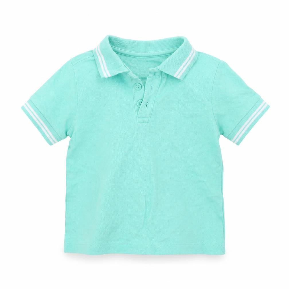 Front view of Mini Club boys’ green basic polo, size 18-24, months