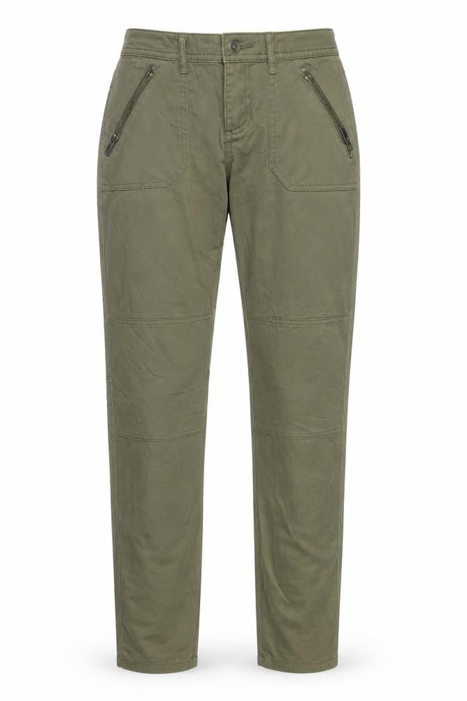 Front view of EDC women’s green carrot trousers, size UK 26, in, 31-inch leg