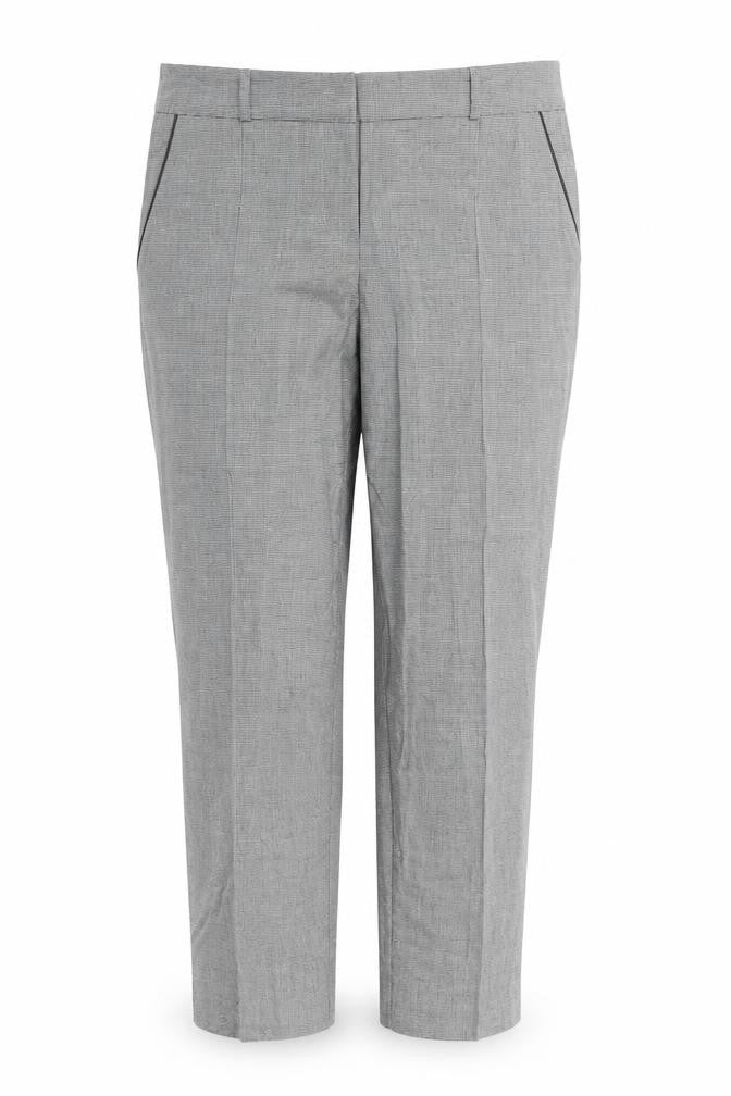 Front view of Miss Selfridge women’s grey houndstooth pedal pusher trousers, size UK 12, 24-inch leg
