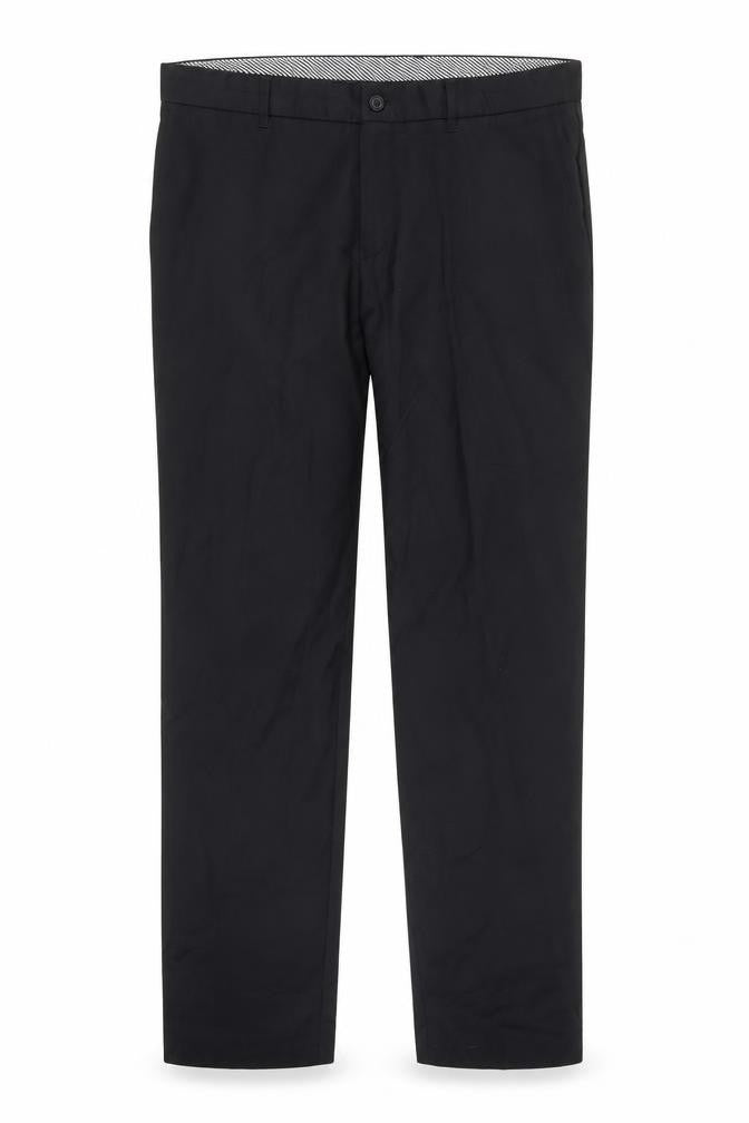 Front view of C&A men’s black trousers, size 34, in, 28-inch leg