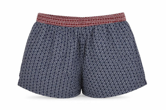Front view of Papaya women’s blue geometric hot pants shorts, size UK 8