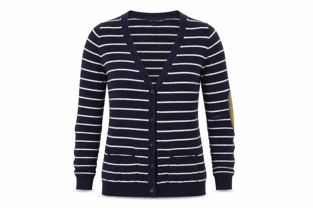 Front view of Atmosphere women’s blue striped cardigan jumper, size UK 8