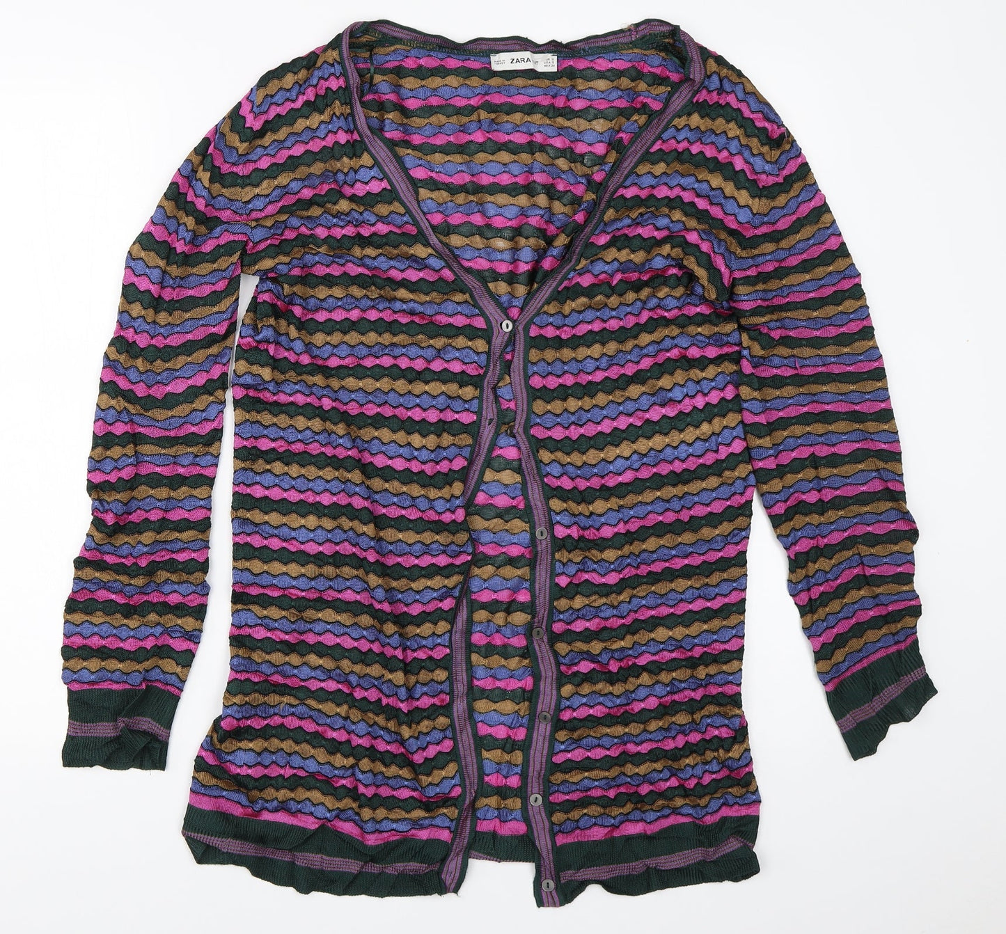 Zara Womens Green Striped  Cardigan Jumper Size S