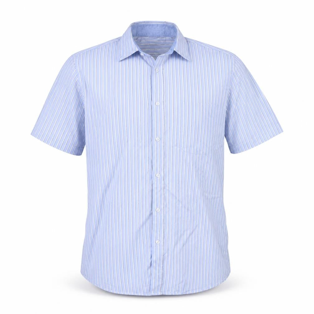 Front view of Taylor & Wright men’s blue striped button-up, size 16