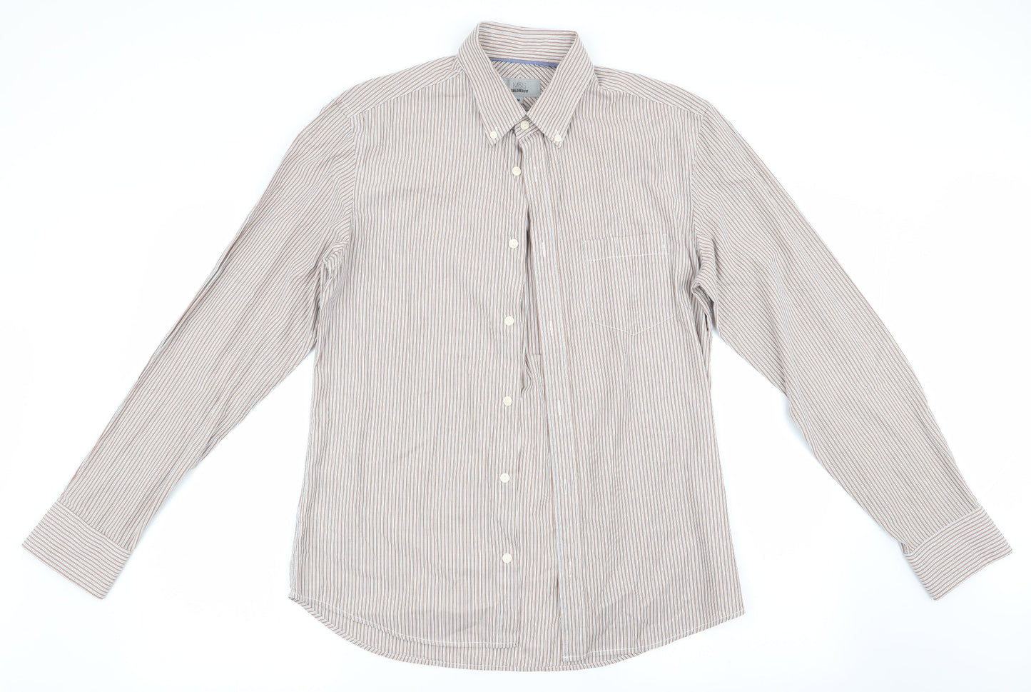 marks and# Mens Brown Striped   Button-Up Size M  - Tailored Fit