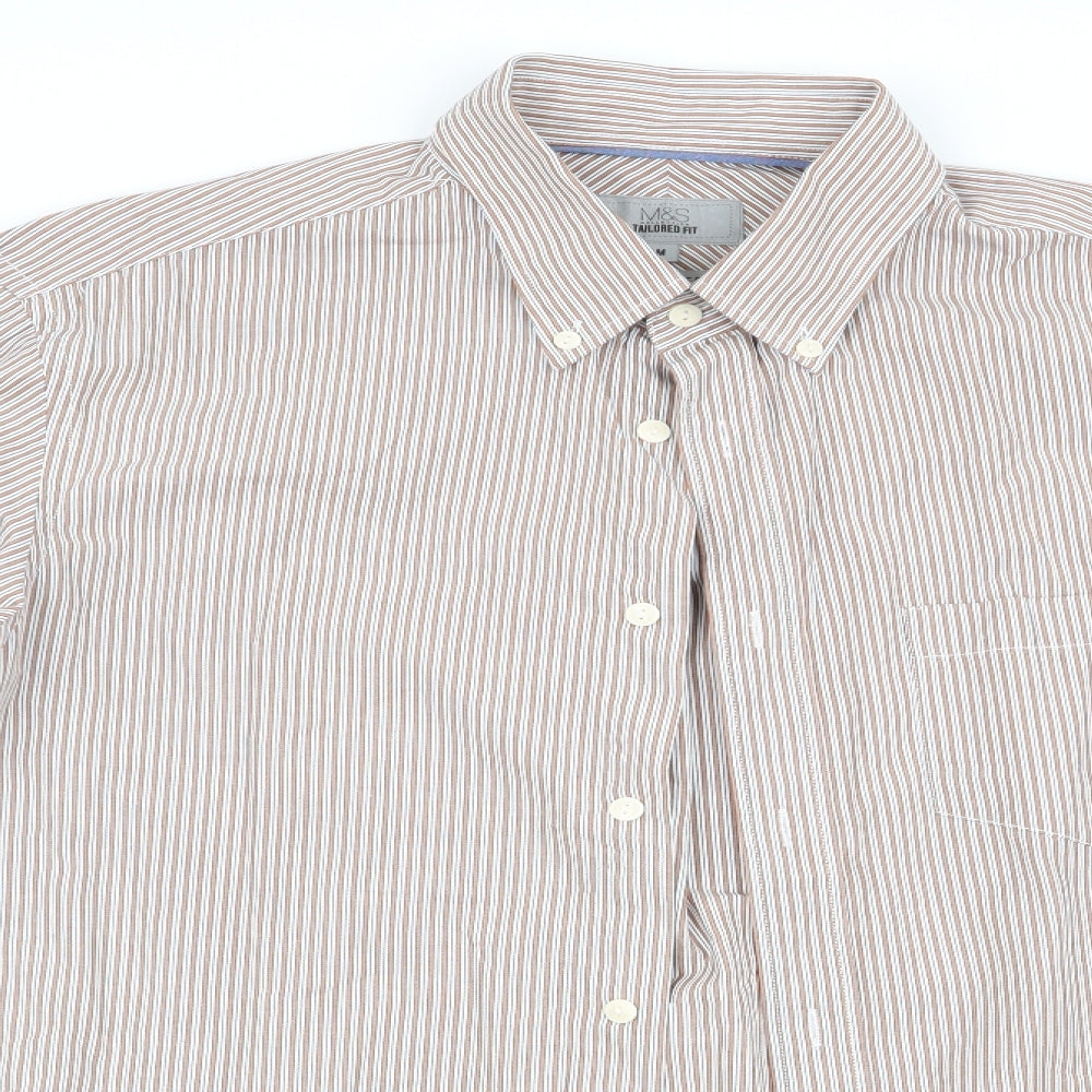 marks and# Mens Brown Striped   Button-Up Size M  - Tailored Fit