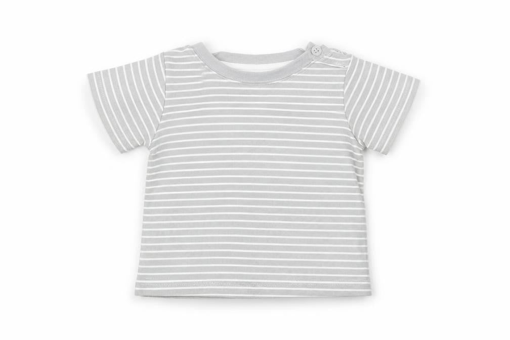 Front view of Early Days Baby Grey Striped Basic T-Shirt, size 6-9, Months