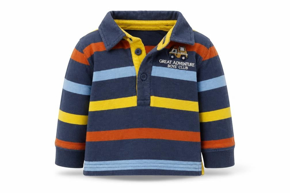 Front view of M&Co Baby Blue Striped Basic Polo, size 3-6, Months