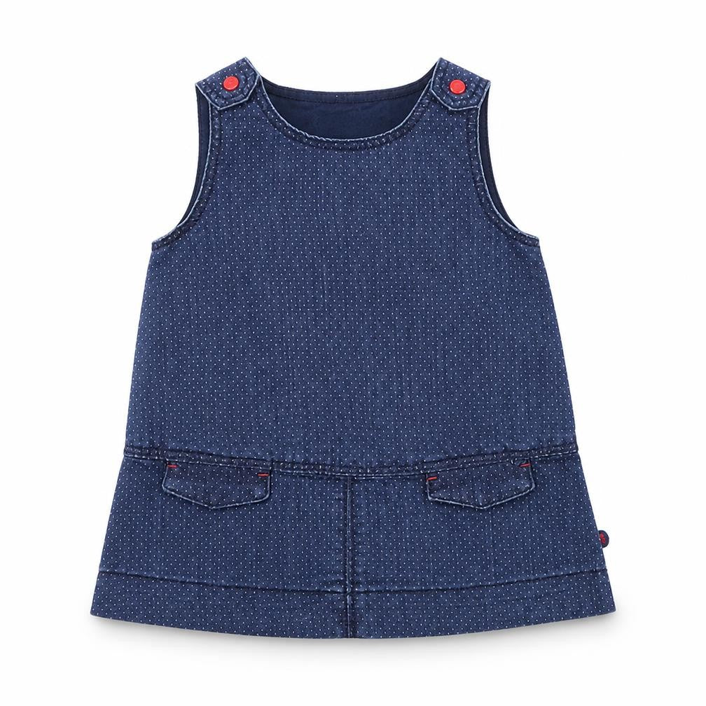 Front view of Obaibi girls’ blue polka dot denim pinafore/dungaree dress, size 12, months