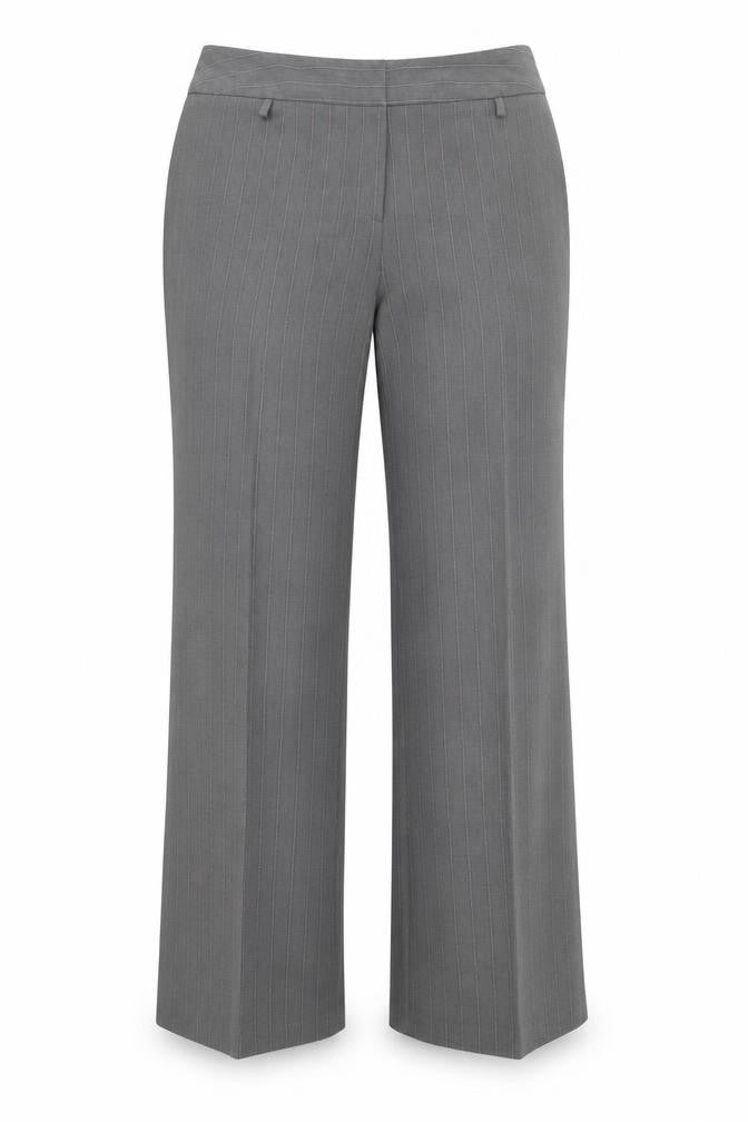 Front view of EVIE women’s grey striped trousers, size UK 18, 30-inch leg