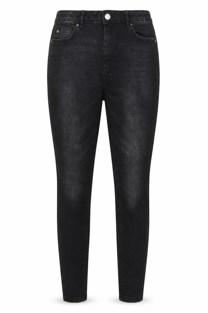 Front view of Denim & Co. women’s black denim skinny jeans, size UK 12, 28-inch leg