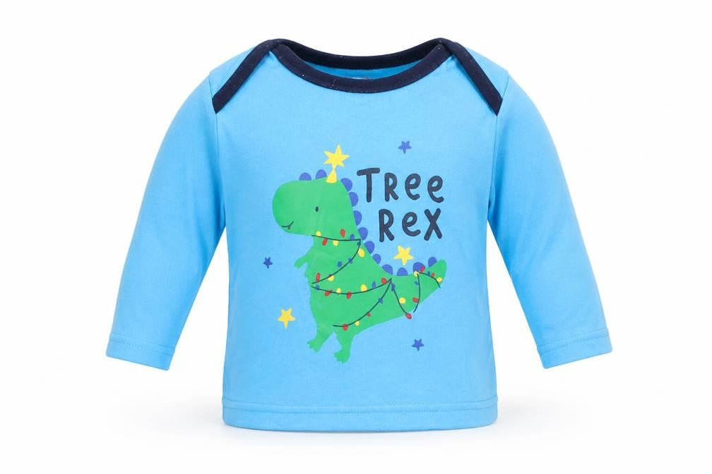 Front view of George Baby Blue Cami Pyjama Top, size 3-6, Months - Christmas Dinosaurs