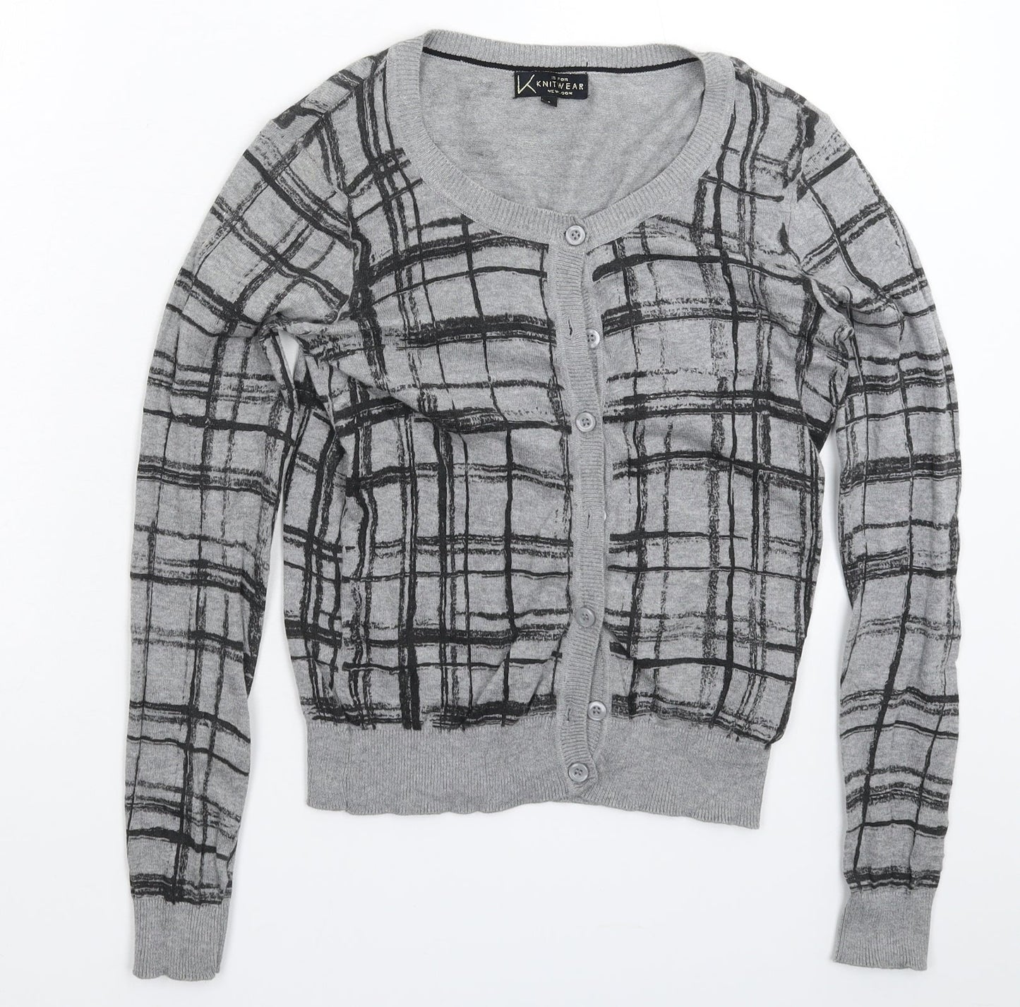 New Look Womens Grey Check Knit Cardigan Jumper Size 8