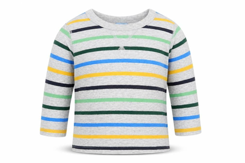 Front view of Gap boys’ grey striped basic t-shirt, size 6-9, months