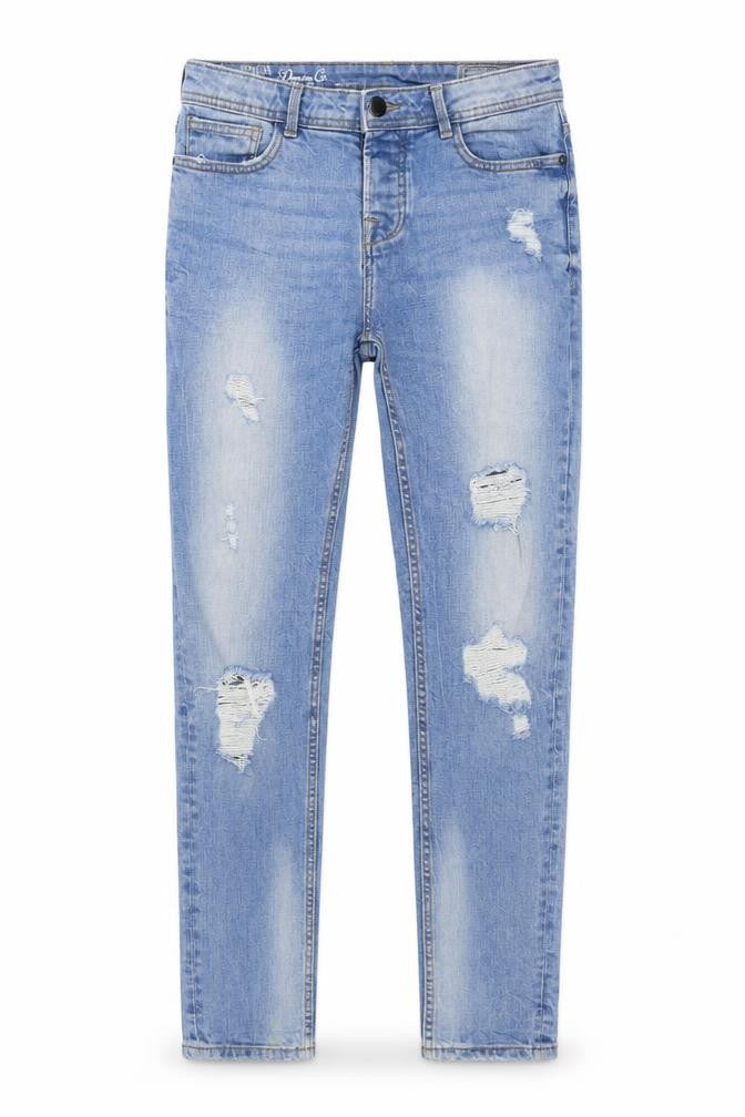 Front view of denim co men’s blue skinny jeans, size 28, in, 32-inch leg