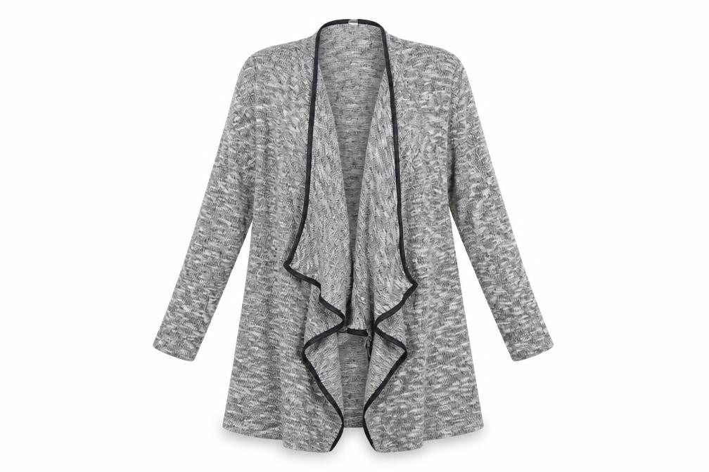 Front view of Miss Selfridge women’s grey knit cardigan jumper, size S