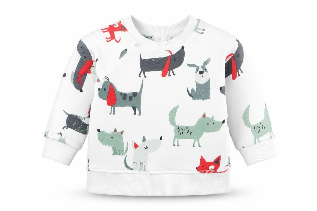 Front view of Next boys’ white animal print jumper, size 0-3, months