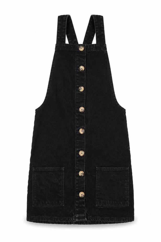 Front view of DENIM CO. women’s black dungaree one-piece, size UK 6