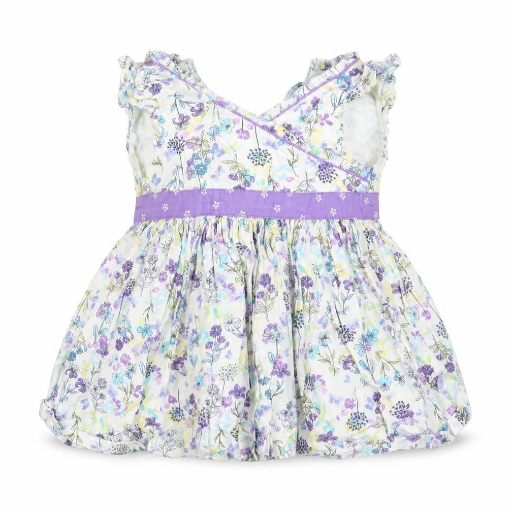 Front view of Pumpkin Patch girls’ purple floral t-shirt dress, size 3-6, months