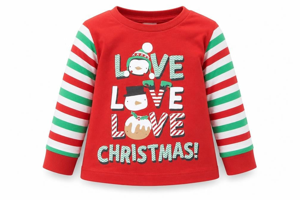Front view of B&M boys’ red geometric babydoll pyjama top, size 6-9, months - christmas