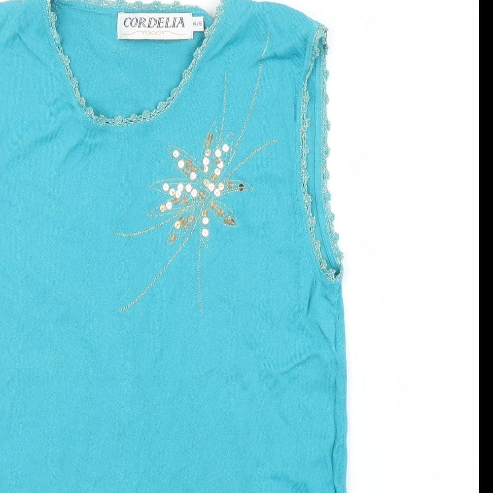Cordelia Womens Blue Floral  Basic Blouse Size 14