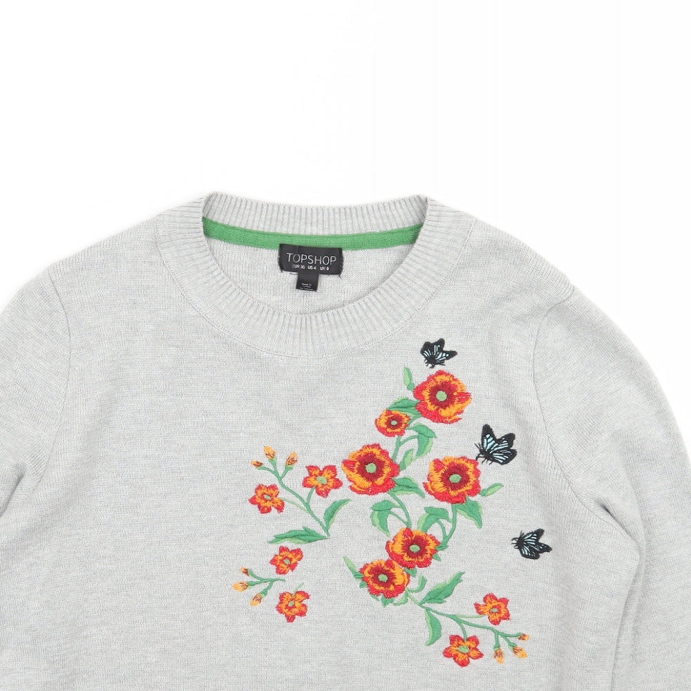 Topshop Womens Grey Floral  Pullover Jumper Size 6