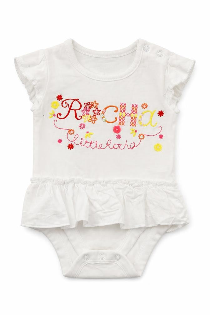 Front view of Rocha Little Rocha girls’ white babygrow one-piece, size 0-3, months