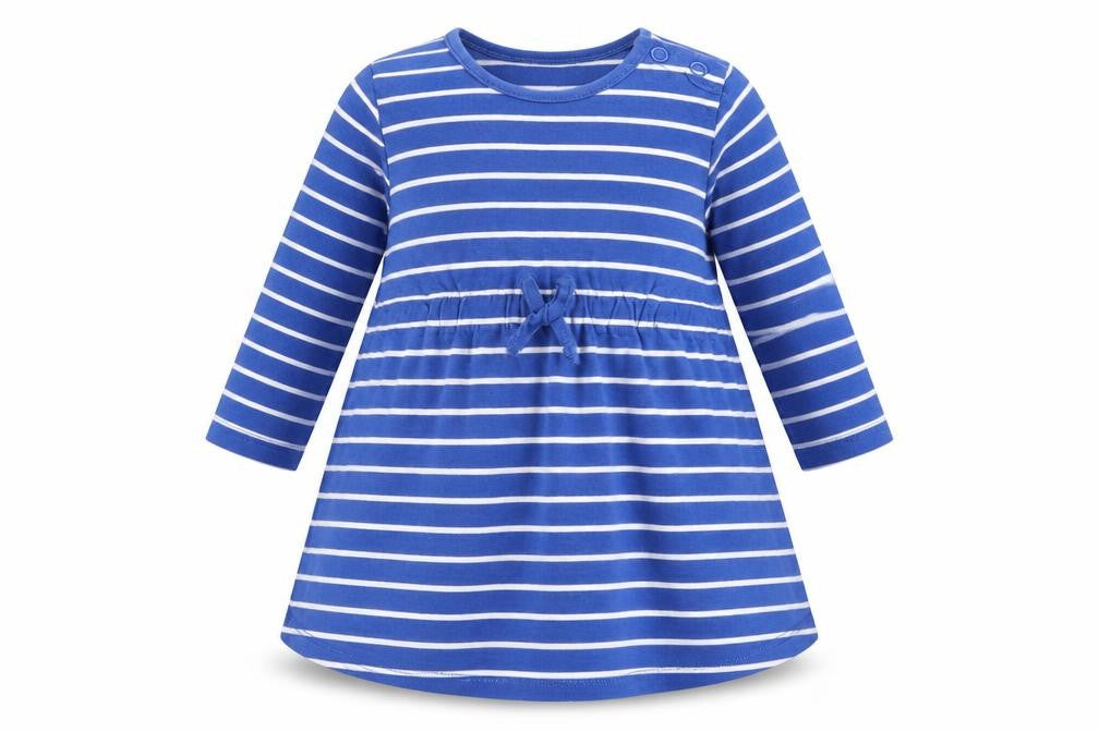 Front view of H&M girls’ blue striped t-shirt dress, size 6-9, months