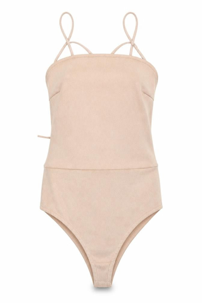 Front view of In the Style women’s pink velvet bodysuit one-piece, size UK 10