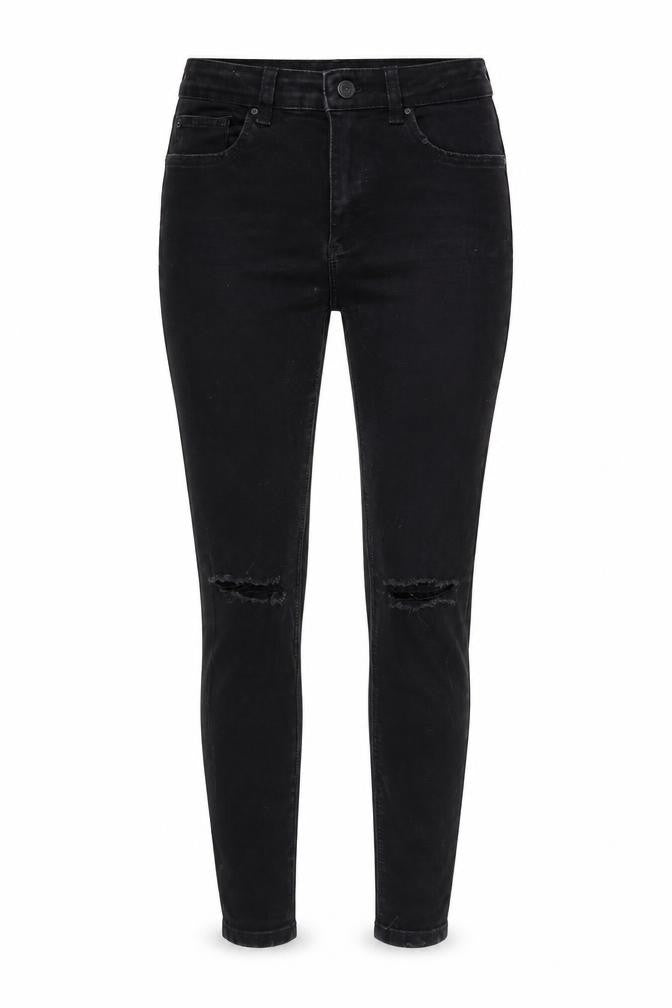Front view of Denim & Co. women’s black denim skinny jeans, size UK 10, 27-inch leg