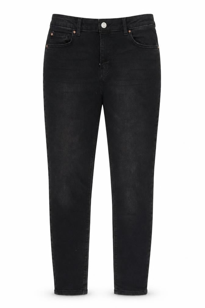 Front view of Denim & Co. women’s black denim skinny jeans, size UK 14, 27-inch leg