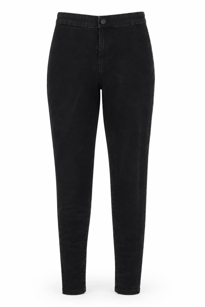 Front view of Denim & Co. women’s black denim jegging jeans, size UK 8, 30-inch leg