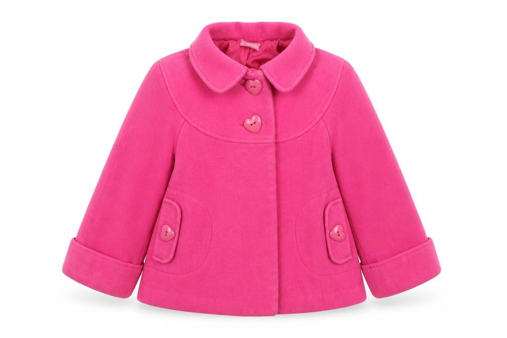Front view of Sweet Millie girls’ pink overcoat coat, size 7, years