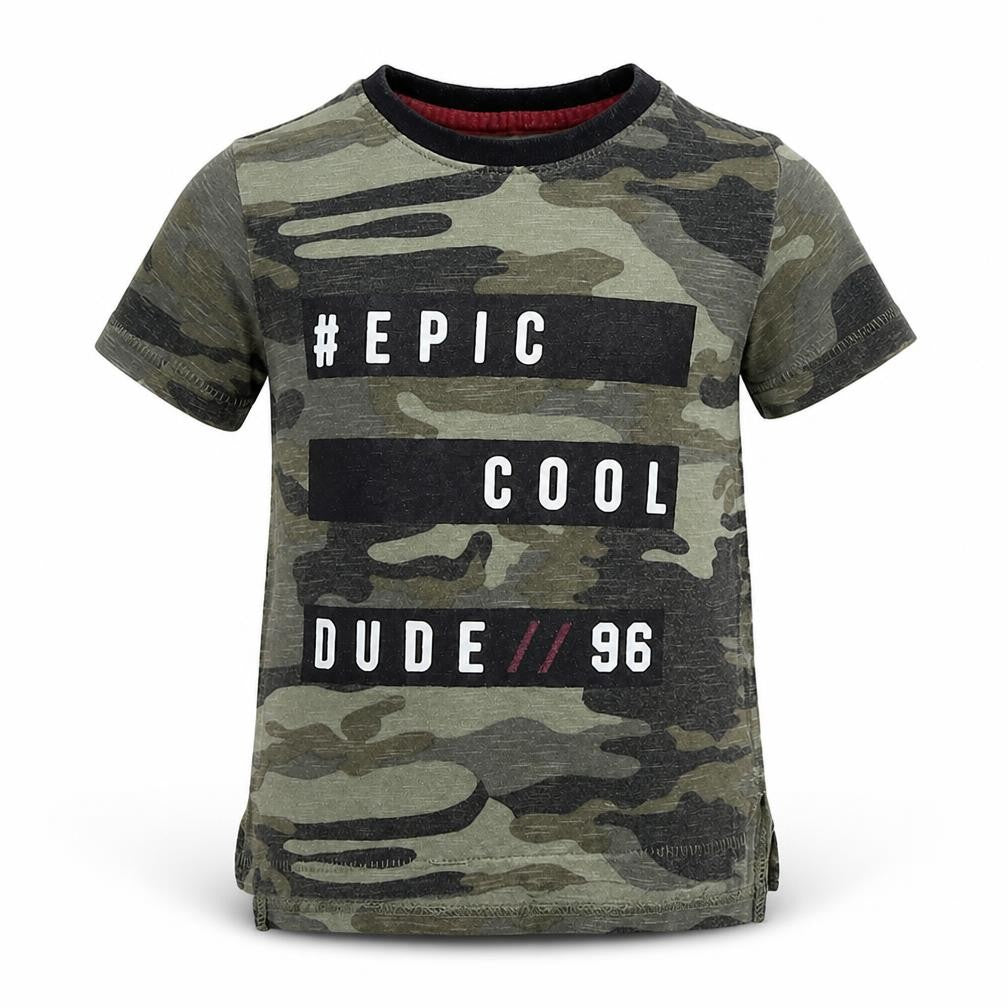 Front view of Mini Rebel Baby Green Camouflage Basic T-Shirt, size 12-18, Months - #Epic Cool Dude