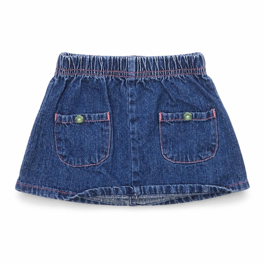 Front view of Tiny Ted girls’ blue denim mini skirt, size 3-6, months