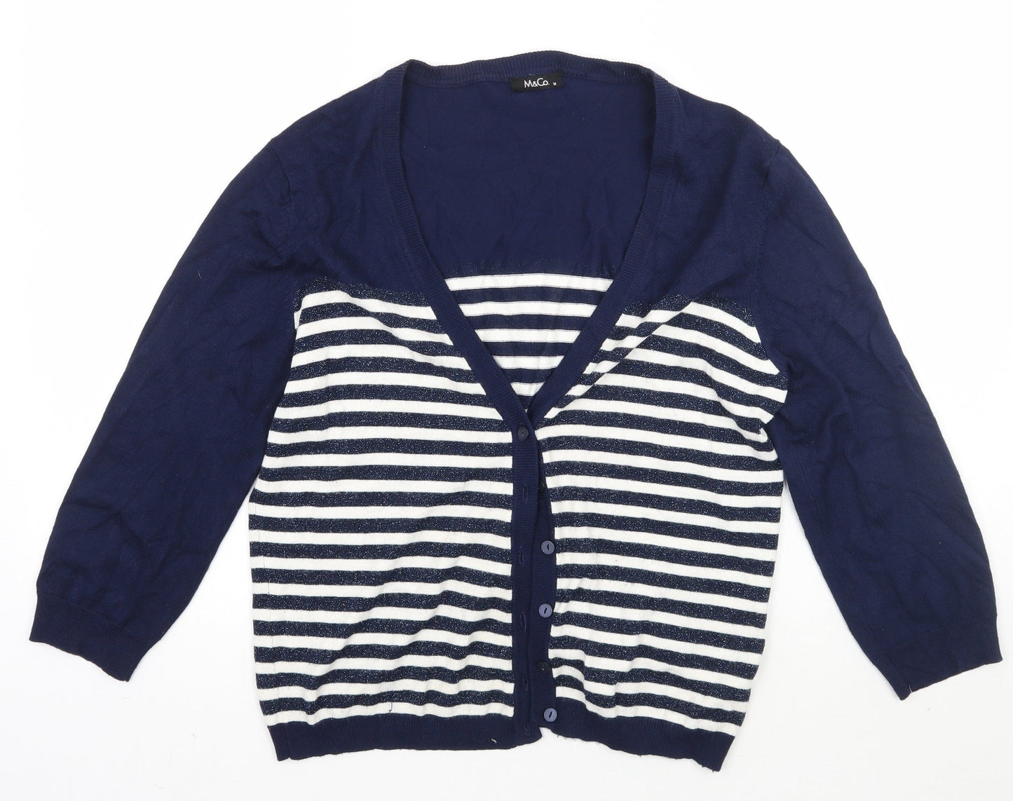 M&Co Womens Blue Striped  Cardigan Jumper Size M