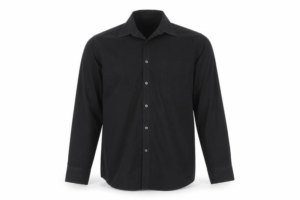 Front view of Taylor & Wright men’s black button-up, size 17