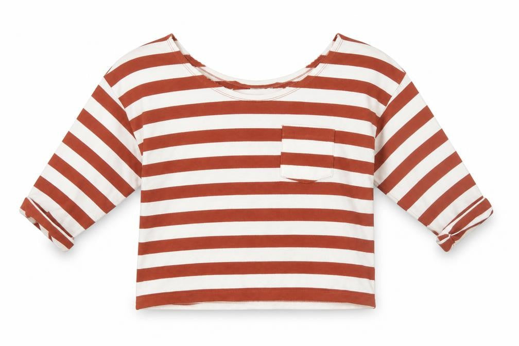 Front view of ASOS women’s brown striped basic t-shirt, size UK 8